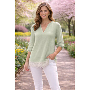 Sage green Coquette Crochet trim Sheer Ayla blouse Size Large Office Feminine